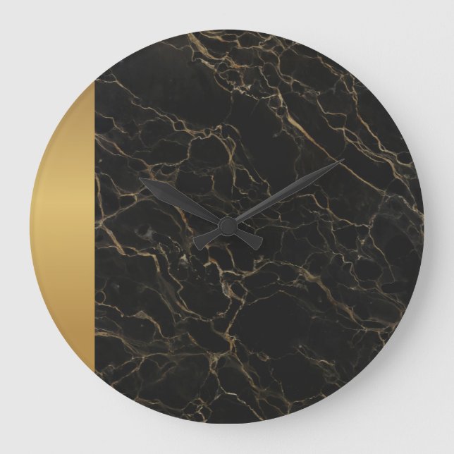 Elegant Modern Chic Black Gold Marble Pattern   Large Clock (Front)