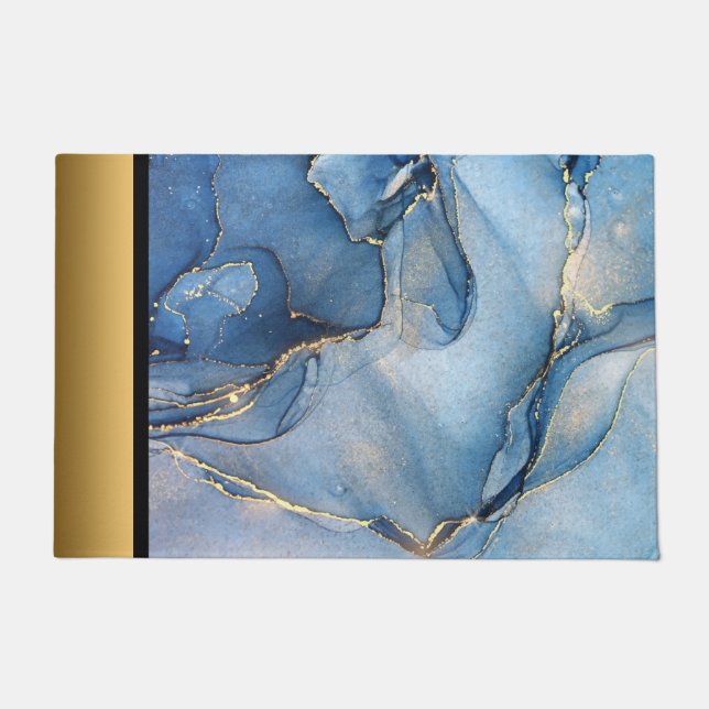 Elegant Modern Chic Blue and Gold Marble Pattern Doormat (Front)