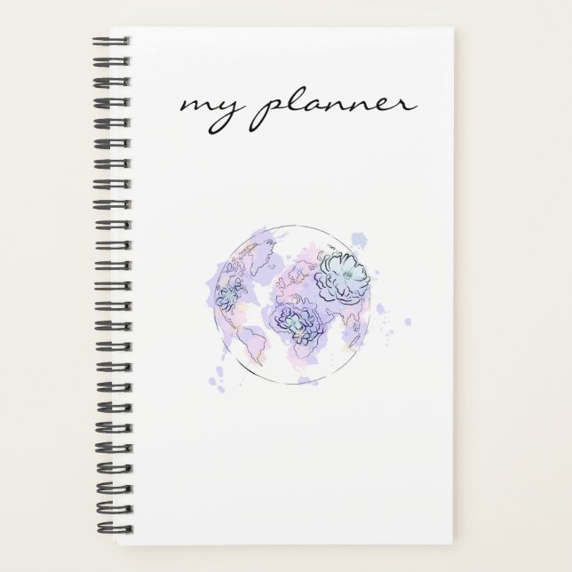 Elegant Modern Chic Blue Watercolor Globe Planner (Front)