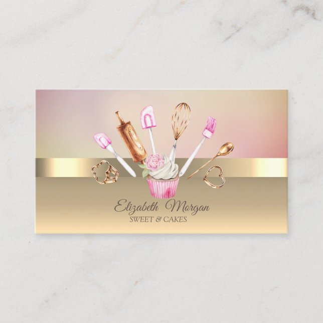 Elegant Modern Chic Gold Bakery Tools Cupcake Business Card (Front)