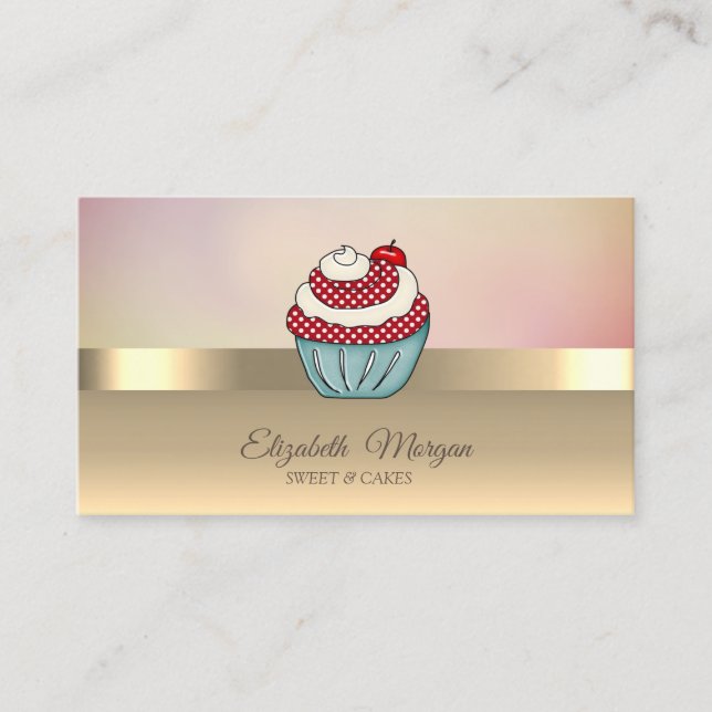 Elegant Modern Chic Gold Cupcake Cherry Business Card (Front)