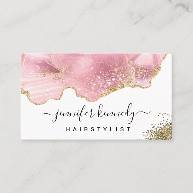 Elegant Modern Chic Gold Glitter Pink Agate Marble Business Card (Front)