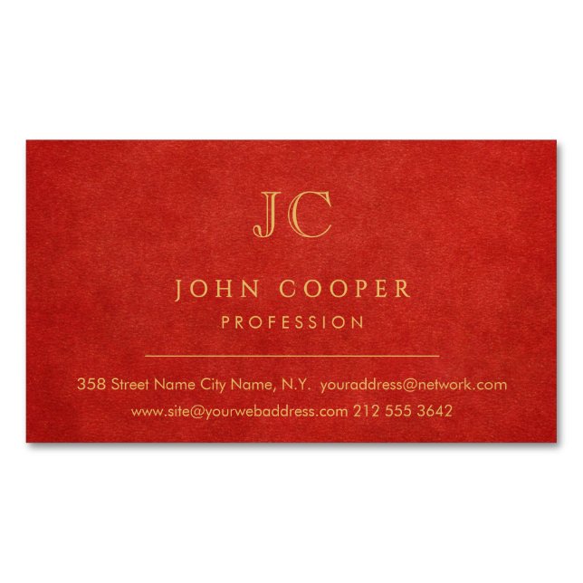 Elegant Modern Chic Red and Gold Magnetic Business Card (Front)