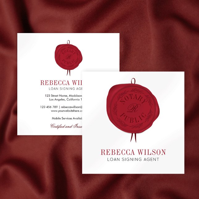 Elegant Modern Chic Red Wax Stamp Signature Notary Square Business Card (Elegant loan signing agent business cards with red wax stamp effect and modern typography)