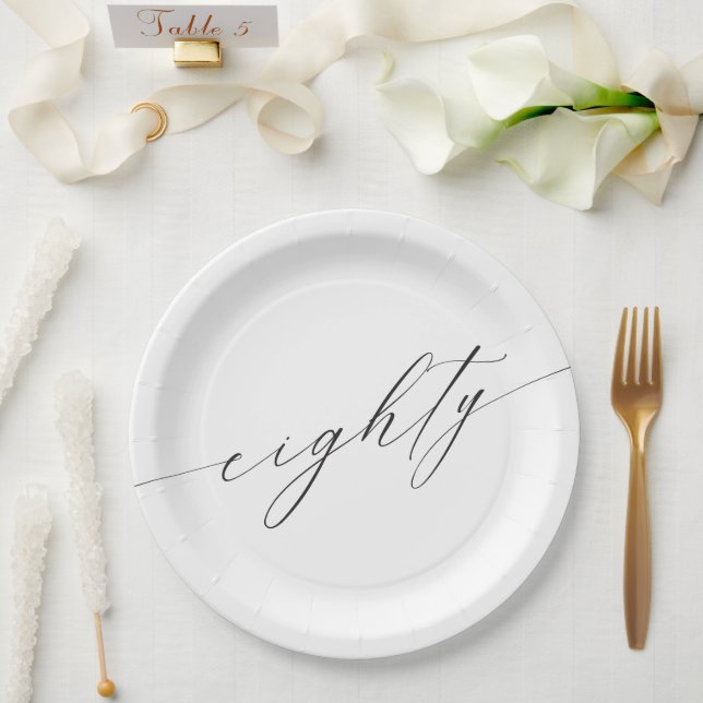 Elegant Modern Chic Script 80th Birthday Paper Plate (Wedding)