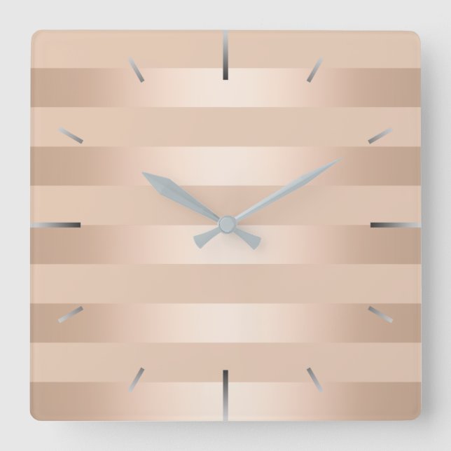 Elegant modern chick copper rose gold striped square wall clock (Front)