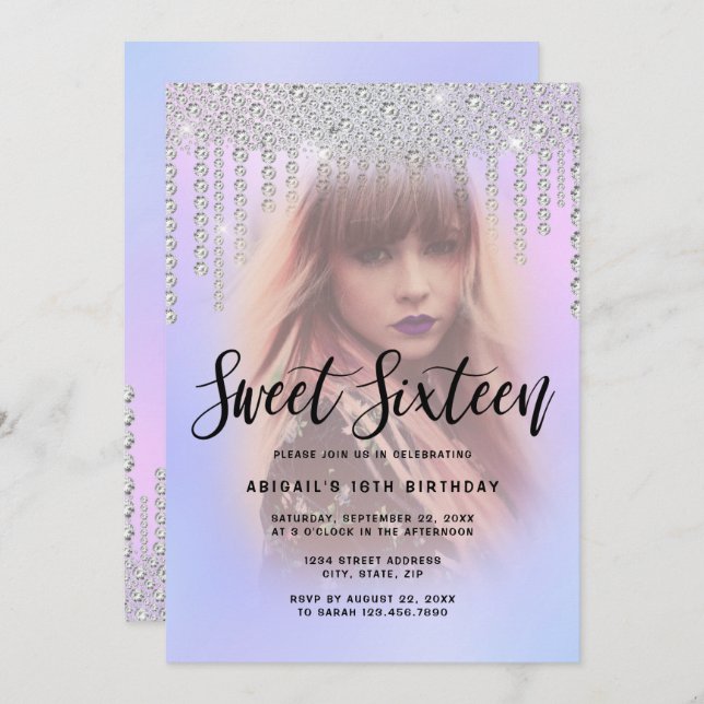 Elegant modern chick diamond drips sweet sixteen invitation (Front/Back)