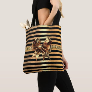 Elegant modern chick golden Black stripes Cute Bow Tote Bag