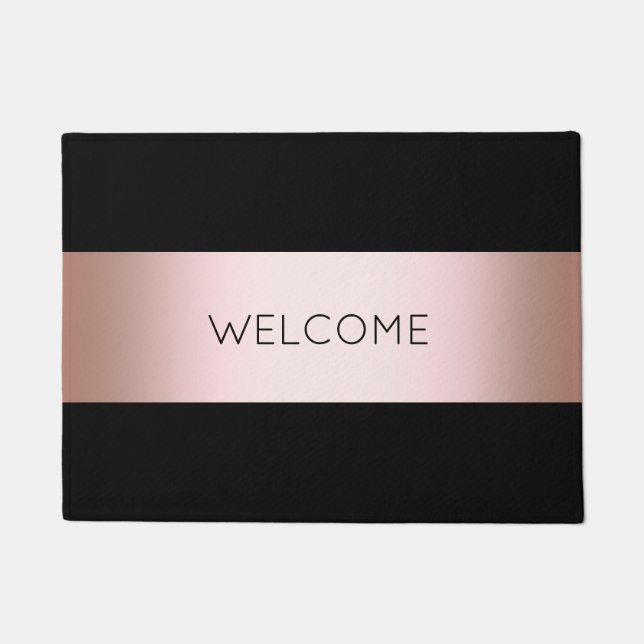 Elegant modern chick rose gold & black strip doormat (Front)