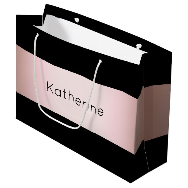 Elegant modern chick rose gold & black strip large gift bag (Front Angled)