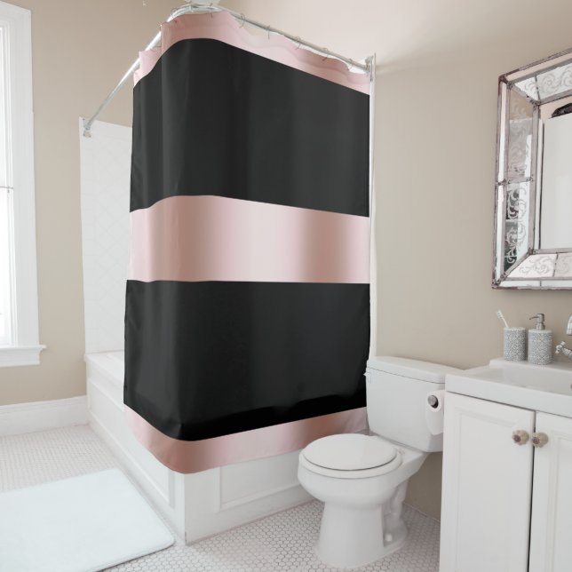 Elegant modern chick rose gold & black strip shower curtain (In Situ)