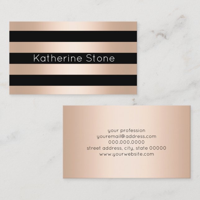 Elegant modern chick rose gold black striped business card (Front/Back)