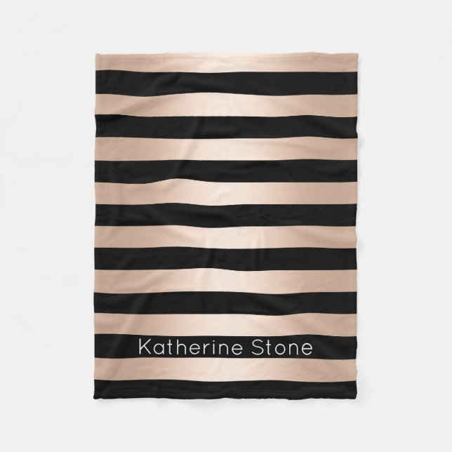 Elegant modern chick rose gold black striped fleece blanket (Front)