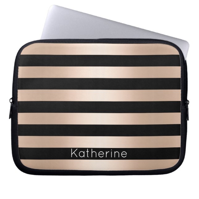Elegant modern chick rose gold black striped laptop sleeve (Front)