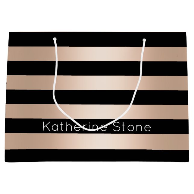 Elegant modern chick rose gold black striped large gift bag (Front)