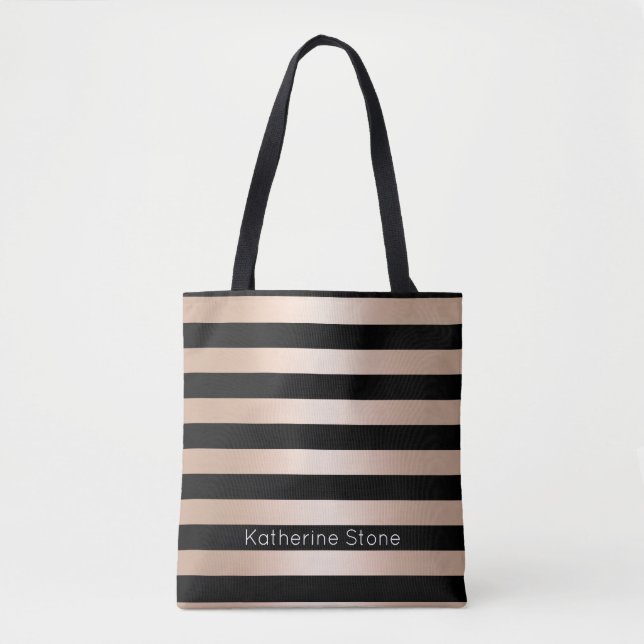 Elegant modern chick rose gold black striped tote bag (Front)