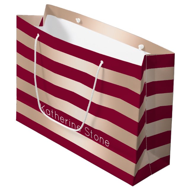 Elegant modern chick rose gold burgundy striped large gift bag (Front Angled)