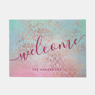 Elegant modern chick rose gold damask watercolor doormat