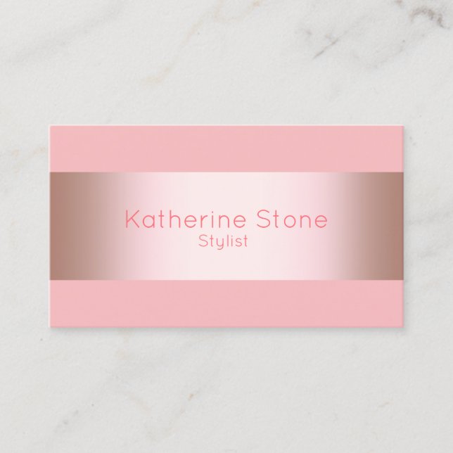 Elegant modern chick rose gold & pink strip business card (Front)