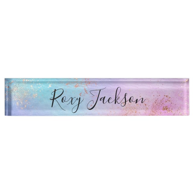 Elegant modern chick rose gold watercolor colorful nameplate (Front)