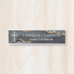 Elegant Modern Christian Cross Black Silver Office Door Sign