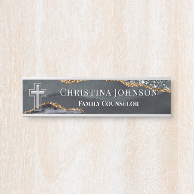 Elegant Modern Christian Cross Black Silver Office Door Sign (Front)