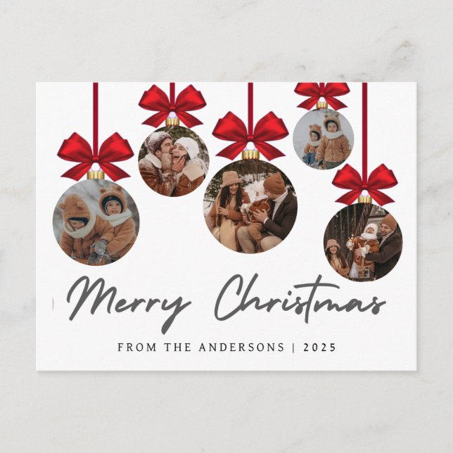 Elegant Modern Christmas Family 5 Ornament Photo Holiday Postcard (Front)