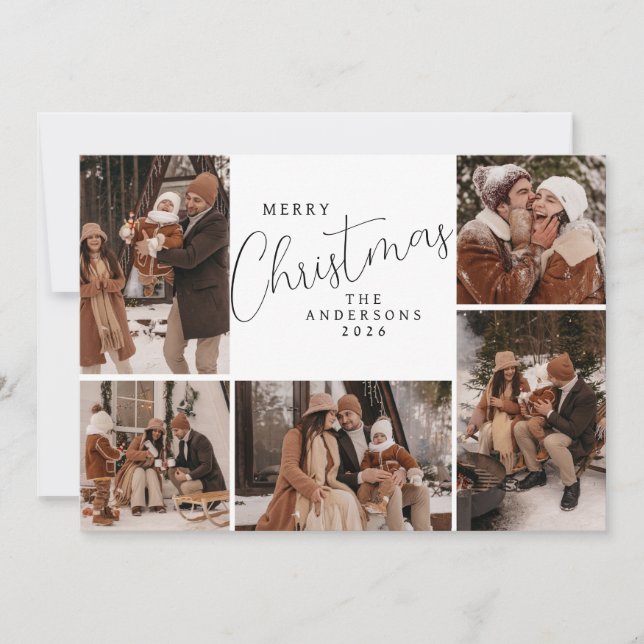 Elegant Modern Christmas Family 5 Photo Holiday Card (Front)