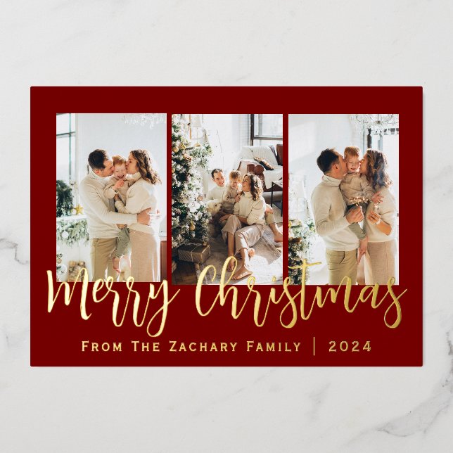 Elegant Modern Christmas Family Photo Collage  Foil Holiday Card (Front)
