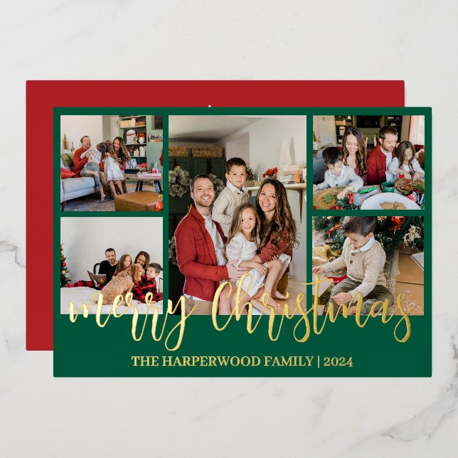 Elegant Modern Christmas Family Photo Collage Foil Holiday Card (Front/Back)