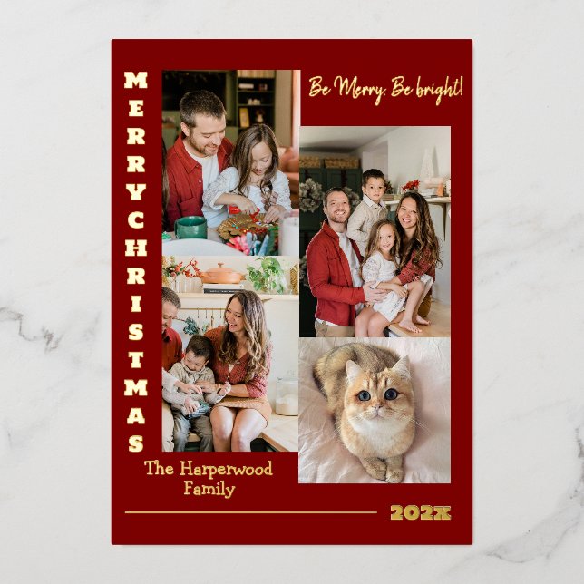 Elegant Modern Christmas Family Photo Collage Foil Holiday Card (Front)