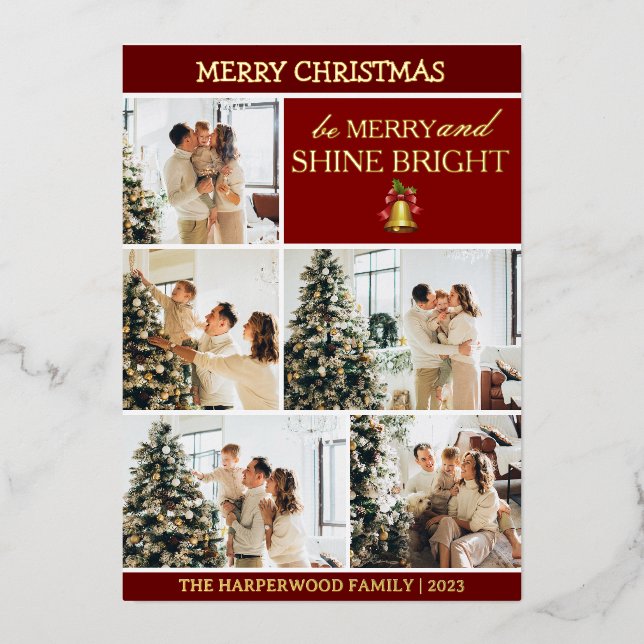  Elegant Modern Christmas Family Photo Collage Foil Holiday Card (Front)