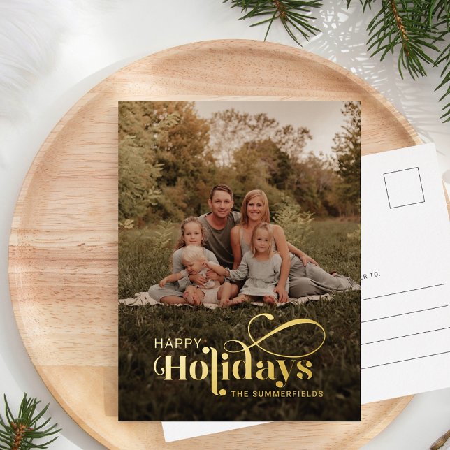 Elegant Modern Christmas Family Photo Gold Foil Holiday Postcard (Happy Holidays Christmas Family Photo Elegant Greetings Gold Foil Postcard)