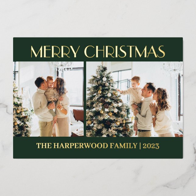 Elegant Modern Christmas Family Two Photo Foil Holiday Card (Front)