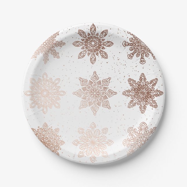Elegant Modern Christmas | Rose Gold Snowflakes Paper Plate (Front)