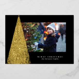 Elegant modern Christmas tree black gold photo Foil Holiday Card