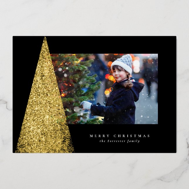 Elegant modern Christmas tree black gold photo Foil Holiday Card (Front)