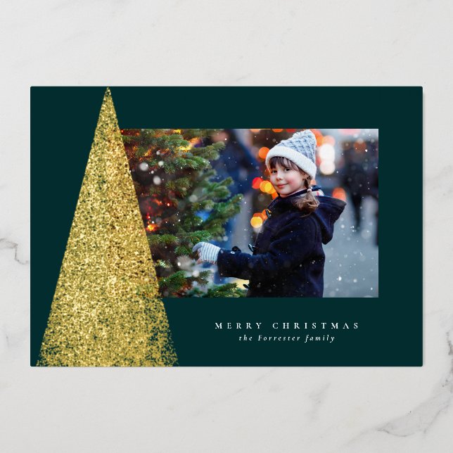 Elegant modern Christmas tree one photo green gold Foil Holiday Card (Front)