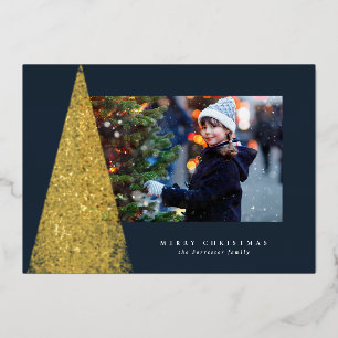 Elegant modern Christmas tree one photo navy gold Foil Holiday Card