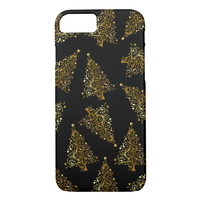 Elegant modern Christmas tree pattern black gold Case-Mate iPhone Case (Back)