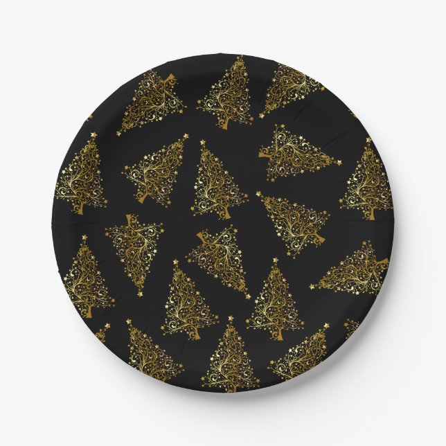 Elegant modern Christmas tree pattern black gold Paper Plate (Front)