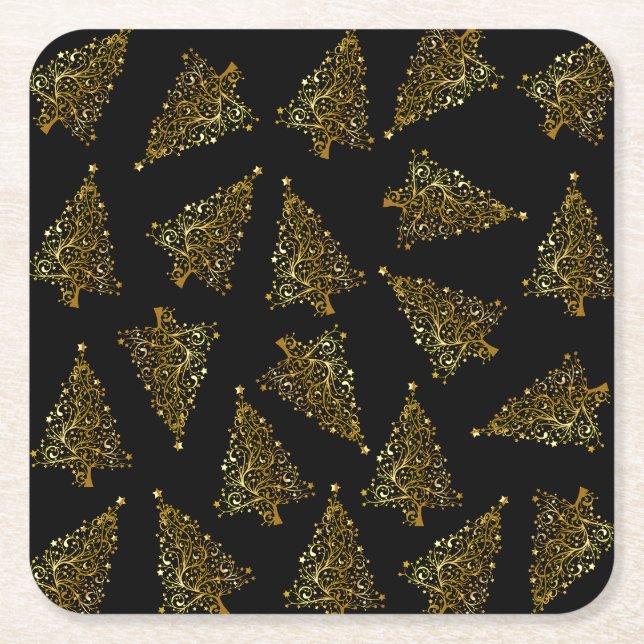 Elegant modern Christmas tree pattern black gold Square Paper Coaster (Front)