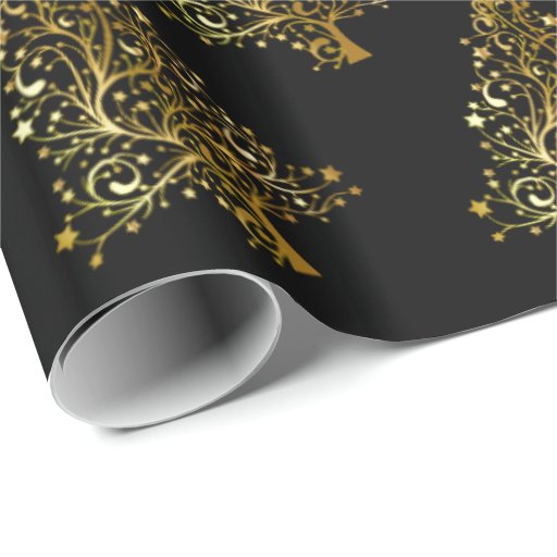 Image of Elegant modern Christmas tree pattern black gold Wrapping Paper