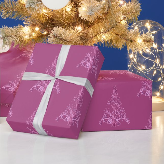 Elegant Modern Christmas Tree Pattern Hot Pink Wrapping Paper (Holidays)