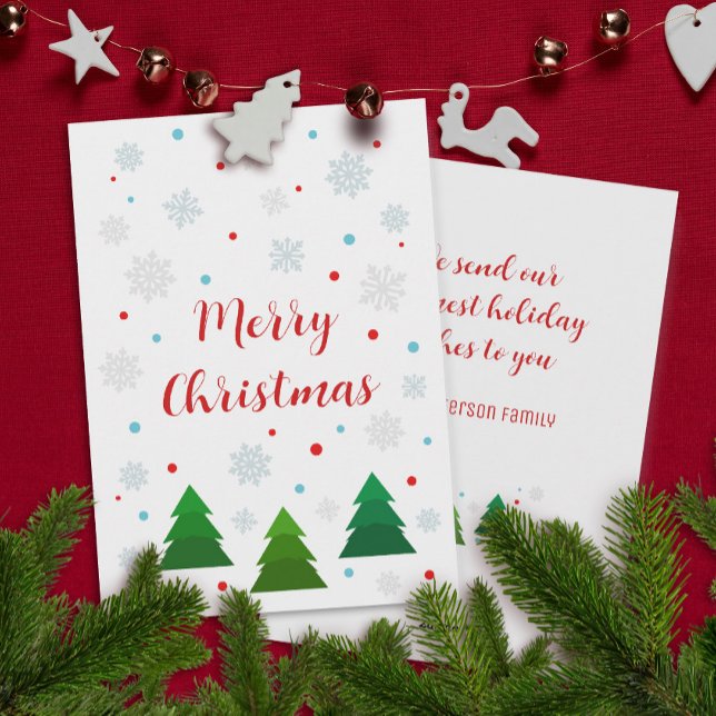 Elegant modern Christmas trees and snowflakes Holiday Card (Elegant modern custom Christmas card with fir trees and snowflakes)