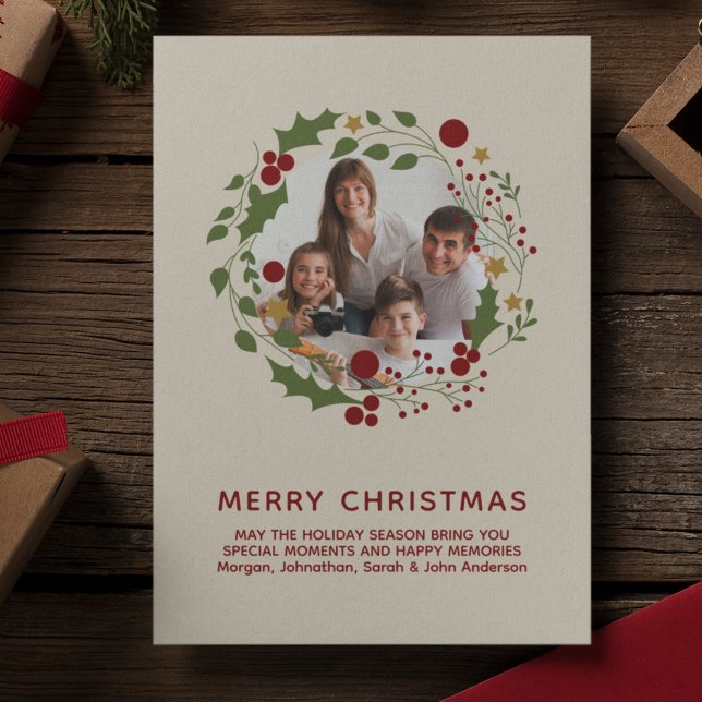 Elegant Modern Christmas Wreath Cream Photo Holiday Card (Creator Uploaded)