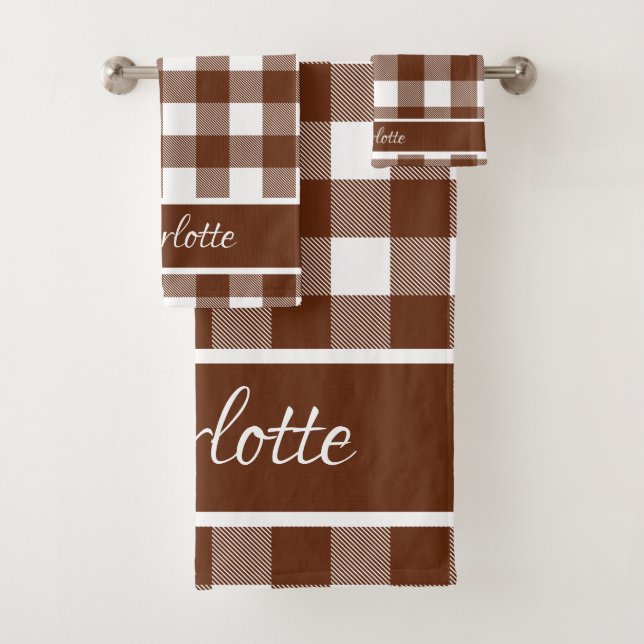 Elegant Modern Cinnamon Brown White Buffalo Checks Bath Towel Set (Insitu)