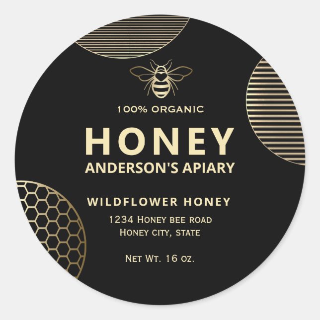 Elegant  Modern circles gold honey bee honey  Classic Round Sticker (Front)