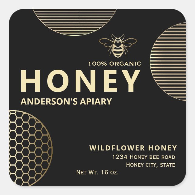 Elegant  Modern circles gold honey bee honey  Square Sticker (Front)