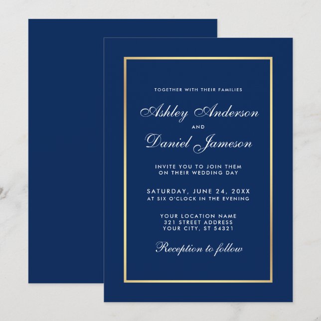 Elegant Modern Classic Blue Gold Wedding Invitation (Front/Back)